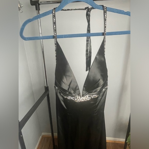 Black Satin Gown with Crystals. XS-S. Worn once. Very Beautiful. Only One Left! - Picture 3 of 4